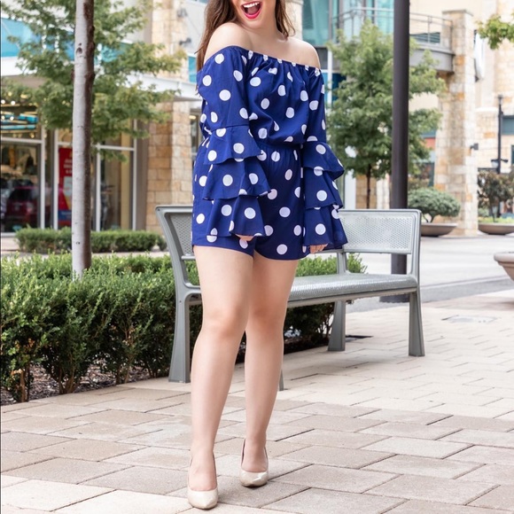Pants - Off-Shoulder Navy Polka Dot Romper